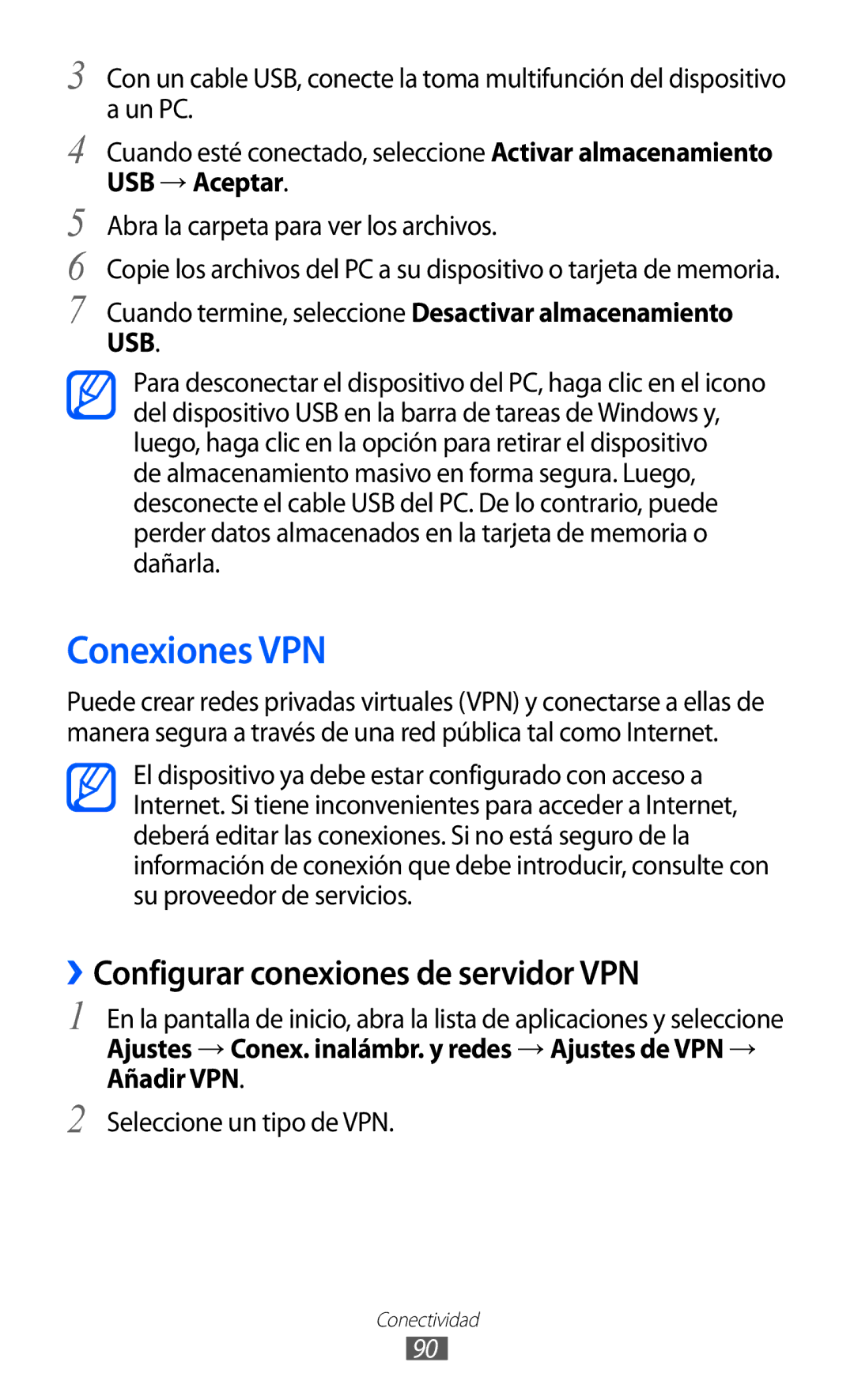 Samsung YP-GI1CW/XEP, YP-G1CW/XEE manual Conexiones VPN, ››Configurar conexiones de servidor VPN, Seleccione un tipo de VPN 