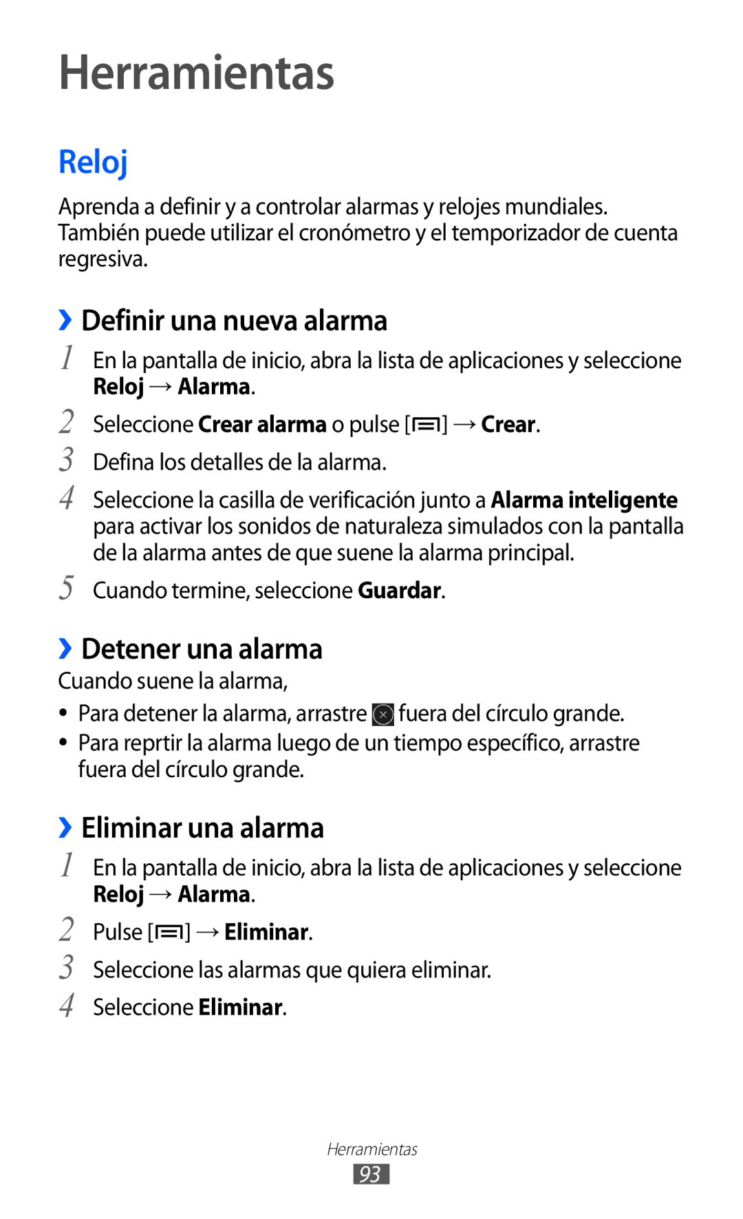 Samsung YP-GI1CW/FOP manual Herramientas, Reloj, ››Definir una nueva alarma, ››Detener una alarma, ››Eliminar una alarma 