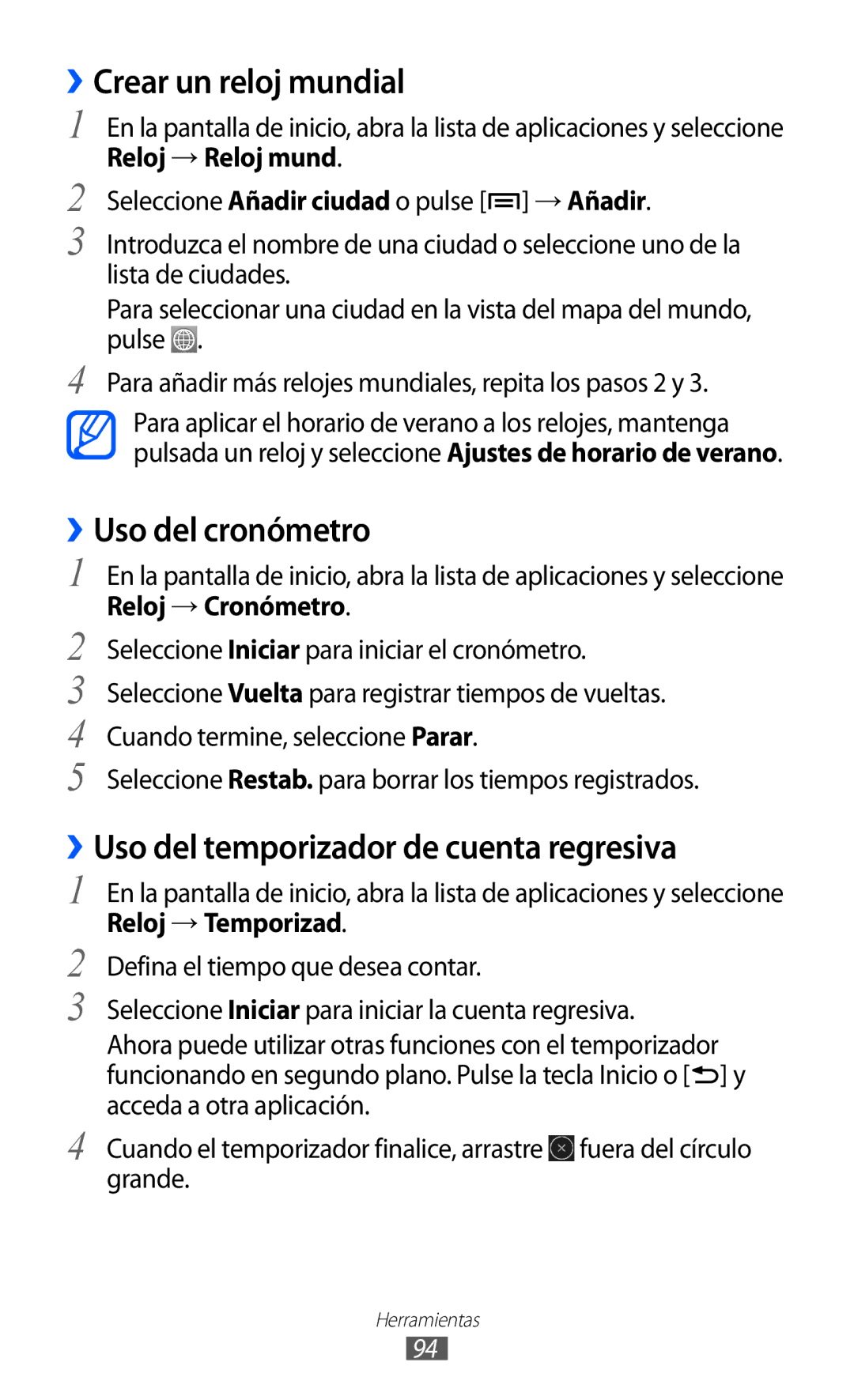 Samsung YP-GI1CW/XEP manual ››Crear un reloj mundial, ››Uso del cronómetro, ››Uso del temporizador de cuenta regresiva 