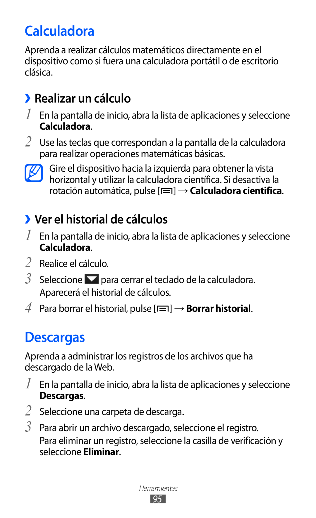 Samsung YP-GI1CB/XEG, YP-G1CW/XEE manual Calculadora, Descargas, ››Realizar un cálculo, ››Ver el historial de cálculos 