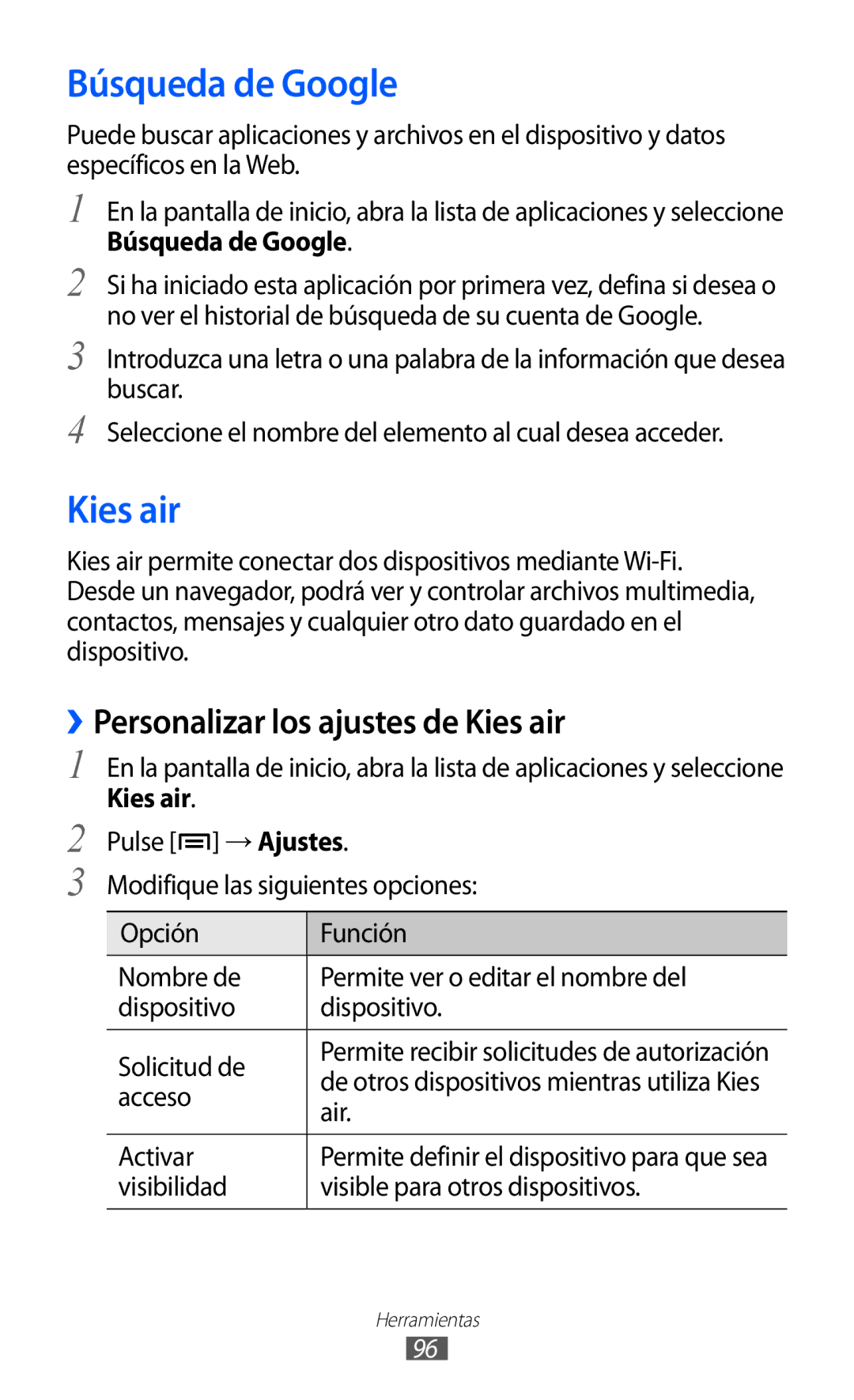 Samsung YP-G1CW/XEE, YP-GI1CW/FOP, YP-GI1CW/XEP, YP-GI1CB/XEG Búsqueda de Google, ››Personalizar los ajustes de Kies air 