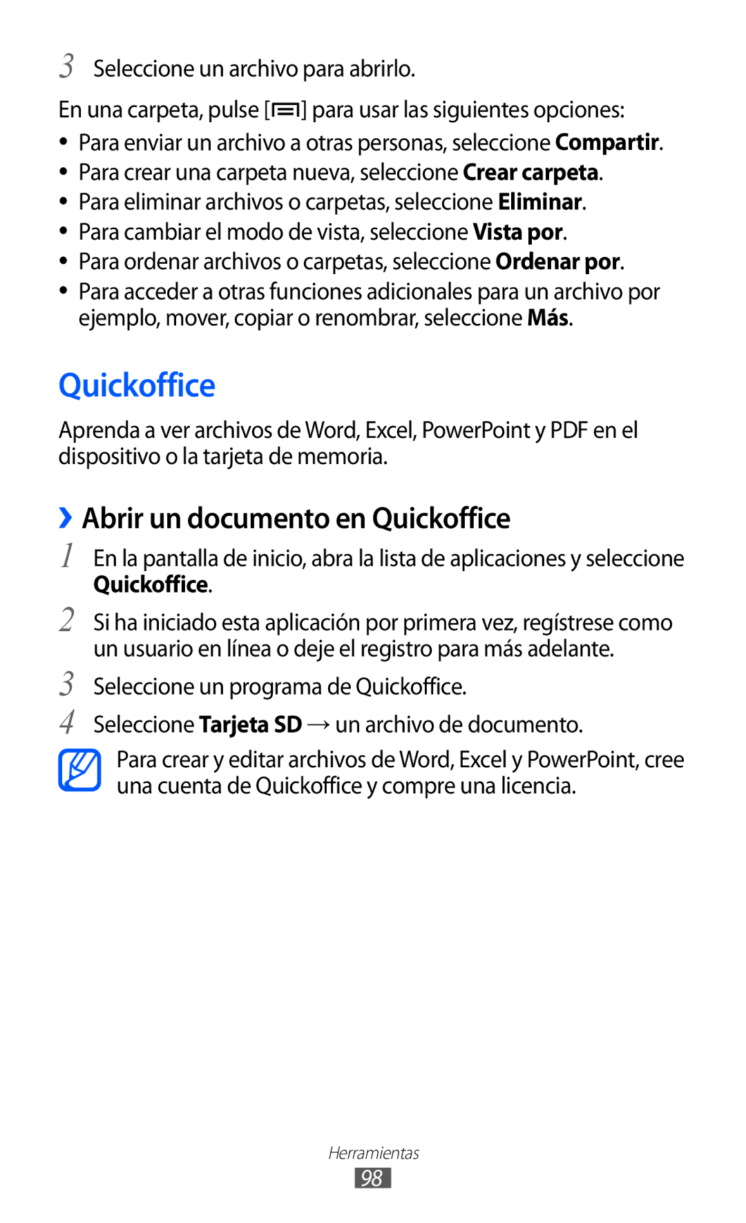 Samsung YP-GI1CW/XEP ››Abrir un documento en Quickoffice, Para ordenar archivos o carpetas, seleccione Ordenar por 