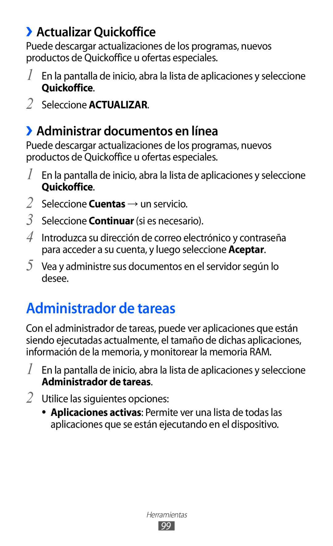 Samsung YP-GI1CB/XEG, YP-G1CW/XEE Administrador de tareas, ››Actualizar Quickoffice, ››Administrar documentos en línea 