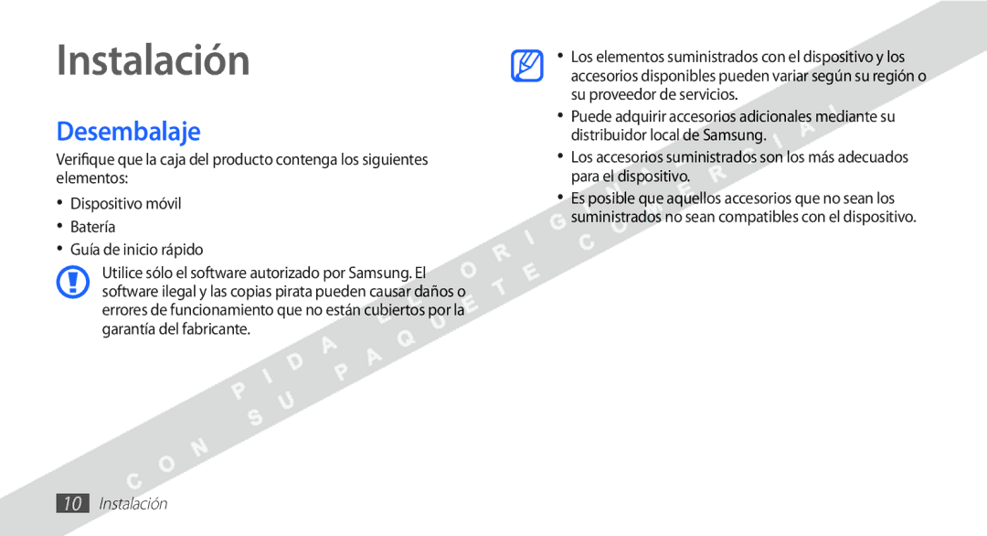 Samsung YP-G1CW/XEE manual Instalación, Desembalaje 