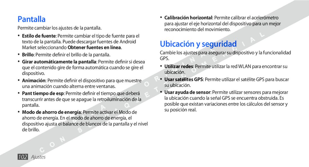 Samsung YP-G1CW/XEE manual Pantalla, Ubicación y seguridad, Permite cambiar los ajustes de la pantalla 