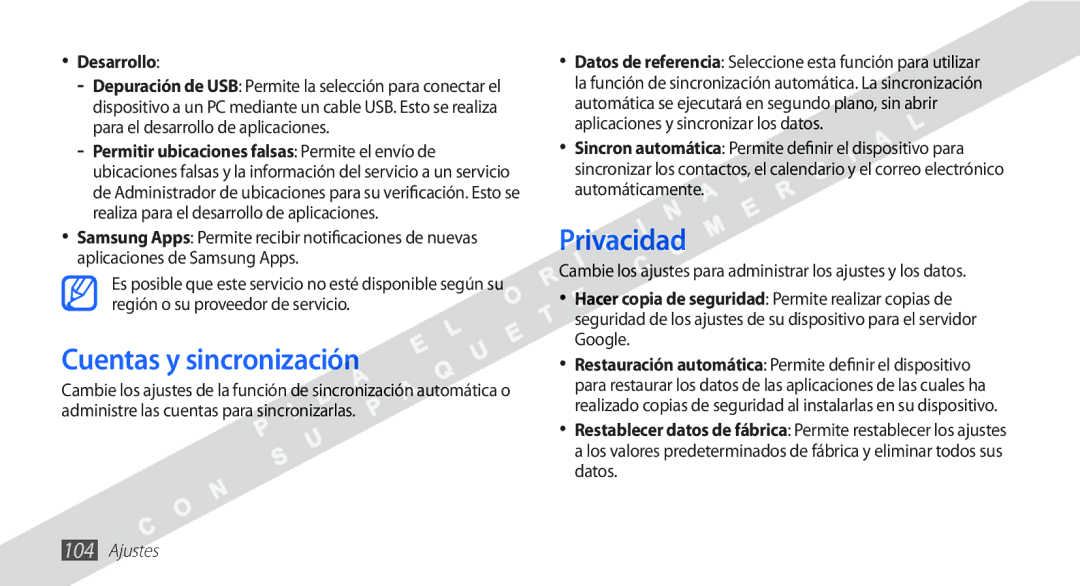 Samsung YP-G1CW/XEE manual Cuentas y sincronización, Privacidad, Desarrollo 