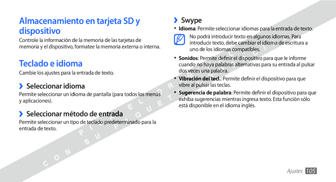 Samsung YP-G1CW/XEE manual Almacenamiento en tarjeta SD y dispositivo, Teclado e idioma, ››Seleccionar idioma, ››Swype 