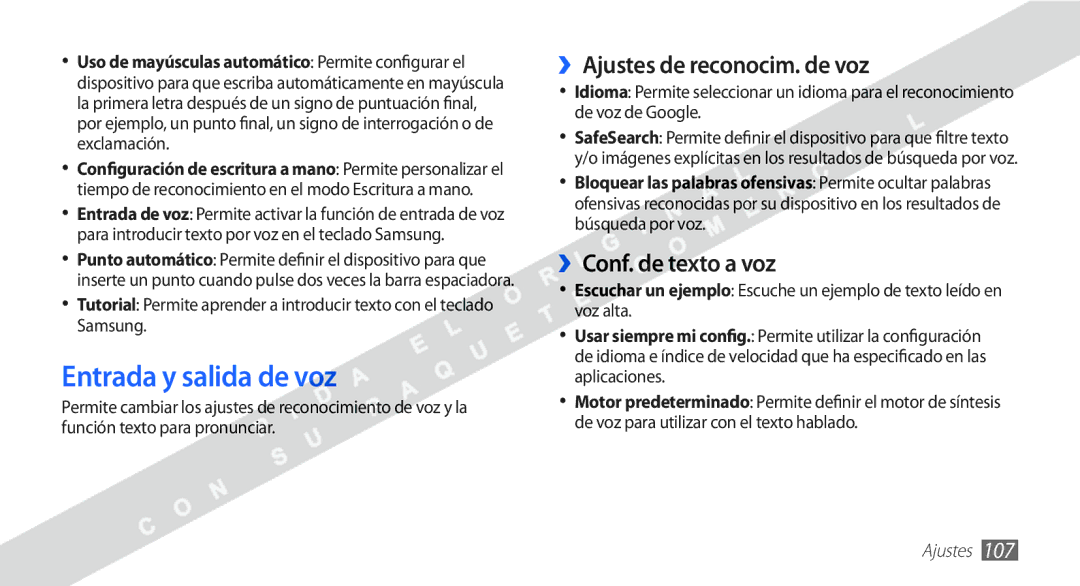 Samsung YP-G1CW/XEE manual Entrada y salida de voz, ››Ajustes de reconocim. de voz, ››Conf. de texto a voz 