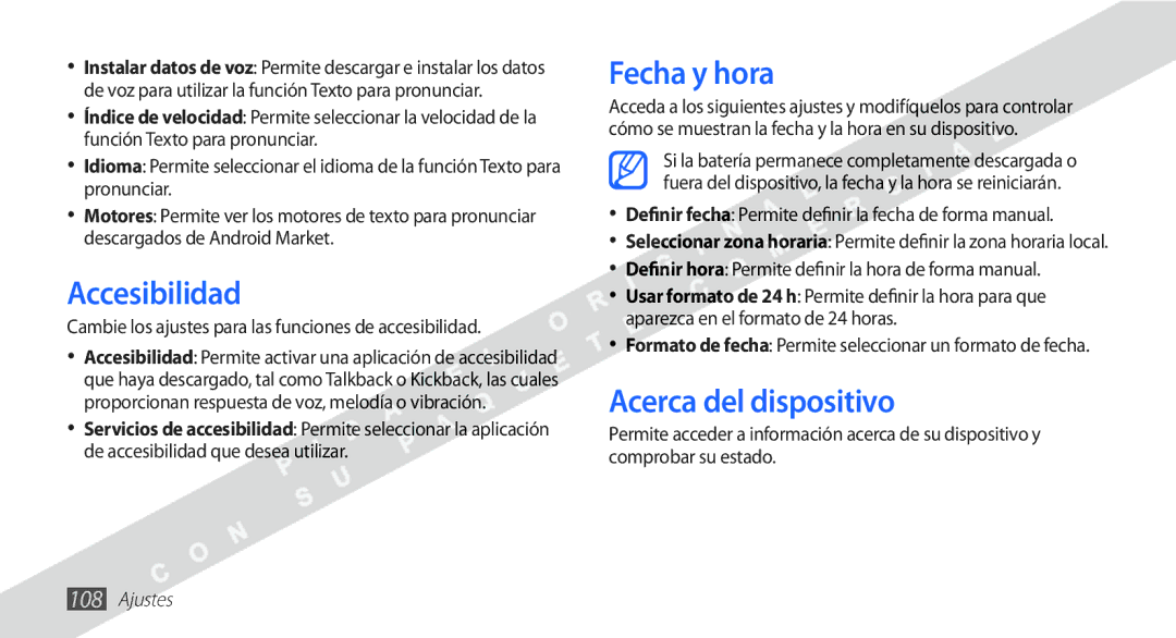 Samsung YP-G1CW/XEE manual Accesibilidad, Fecha y hora, Acerca del dispositivo 