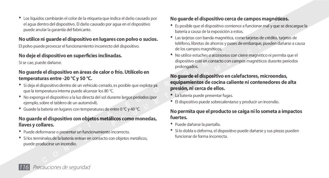 Samsung YP-G1CW/XEE No deje el dispositivo en superficies inclinadas, No guarde el dispositivo cerca de campos magnéticos 