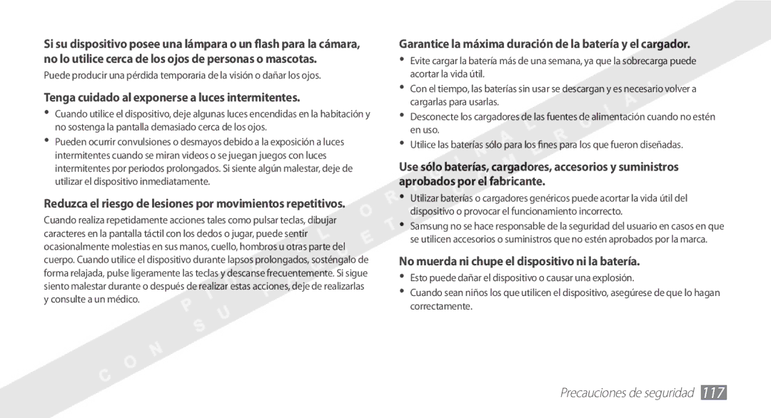 Samsung YP-G1CW/XEE Tenga cuidado al exponerse a luces intermitentes, No muerda ni chupe el dispositivo ni la batería 