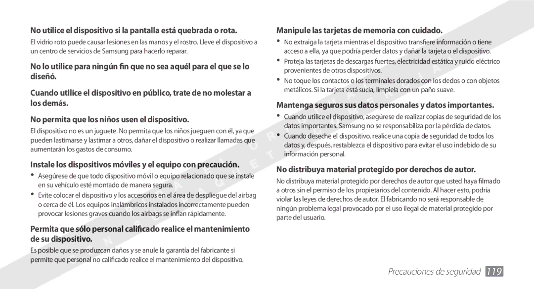 Samsung YP-G1CW/XEE manual Manipule las tarjetas de memoria con cuidado 