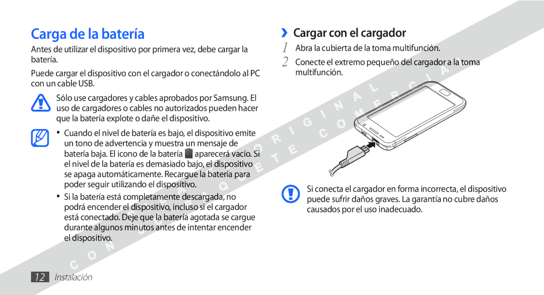 Samsung YP-G1CW/XEE manual Carga de la batería, Cargar con el cargador 