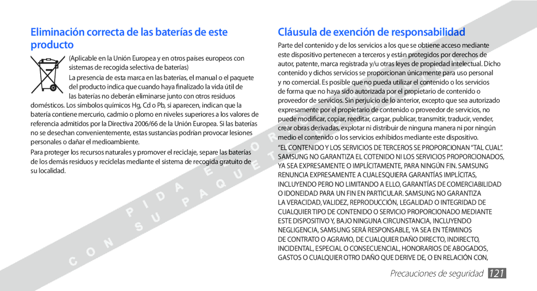 Samsung YP-G1CW/XEE manual Eliminación correcta de las baterías de este producto 