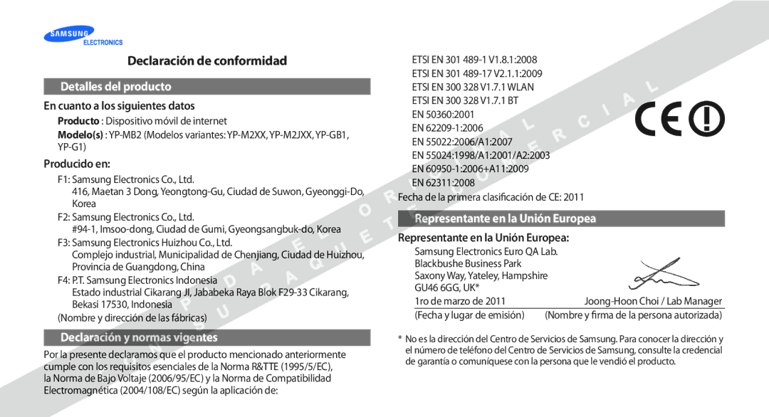 Samsung YP-G1CW/XEE manual Declaración de conformidad, Detalles del producto 