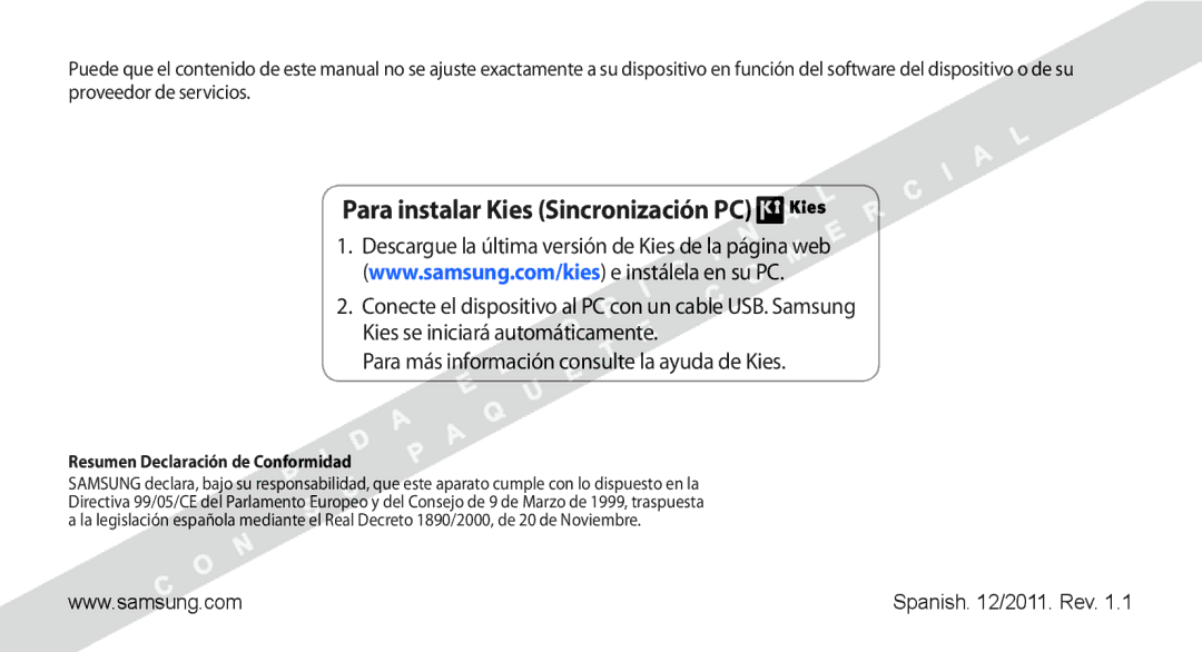 Samsung YP-G1CW/XEE manual Para instalar Kies Sincronización PC, Para más información consulte la ayuda de Kies 