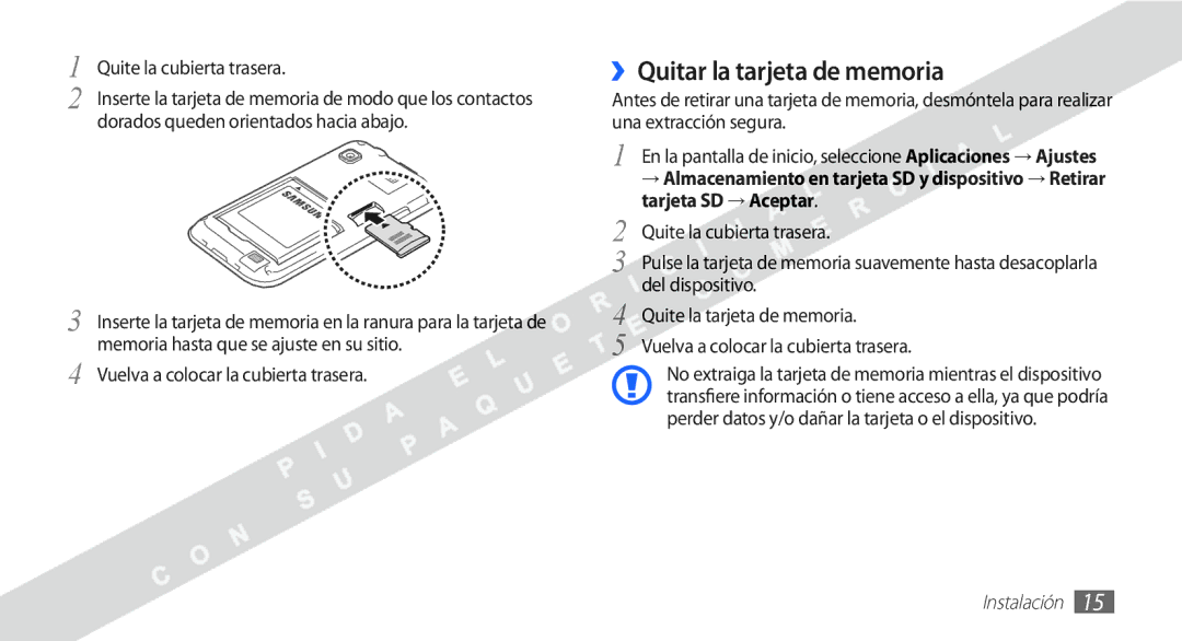 Samsung YP-G1CW/XEE manual ››Quitar la tarjeta de memoria, Quite la cubierta trasera 