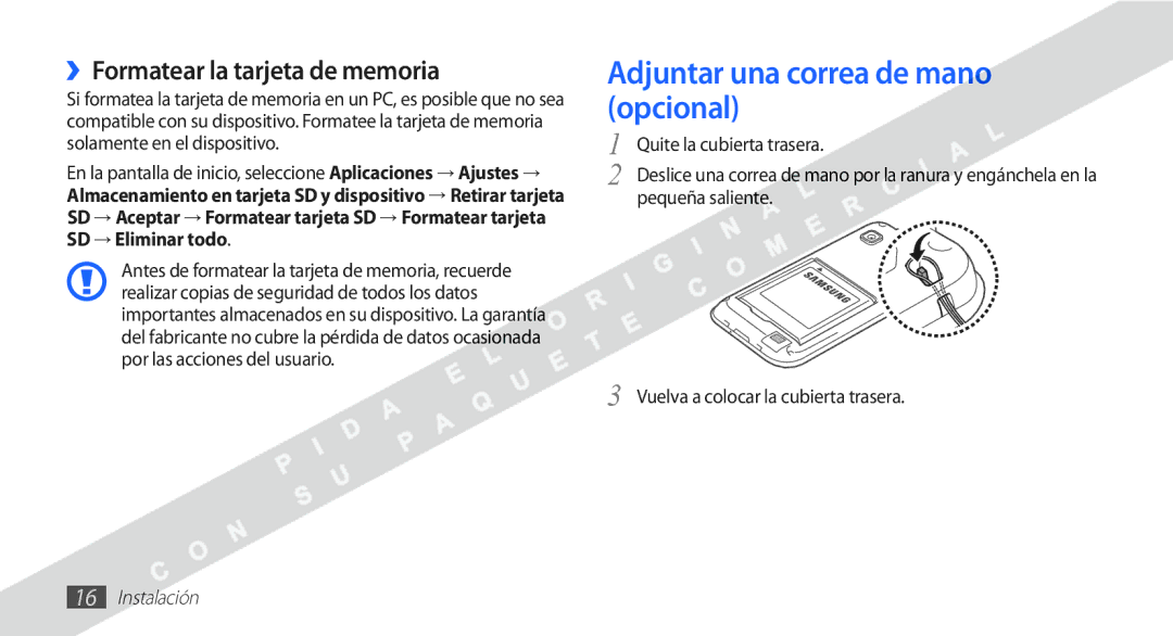 Samsung YP-G1CW/XEE manual Adjuntar una correa de mano opcional, ››Formatear la tarjeta de memoria 