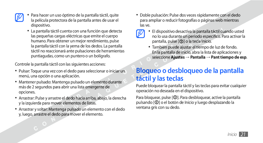 Samsung YP-G1CW/XEE manual Bloqueo o desbloqueo de la pantalla táctil y las teclas 