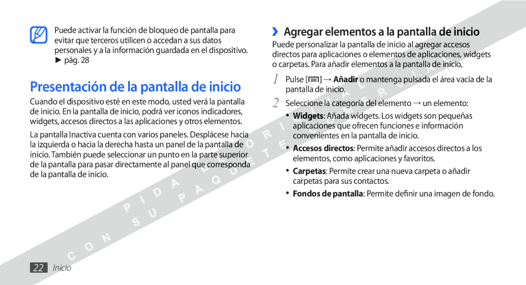 Samsung YP-G1CW/XEE manual ››Agregar elementos a la pantalla de inicio, Pág 