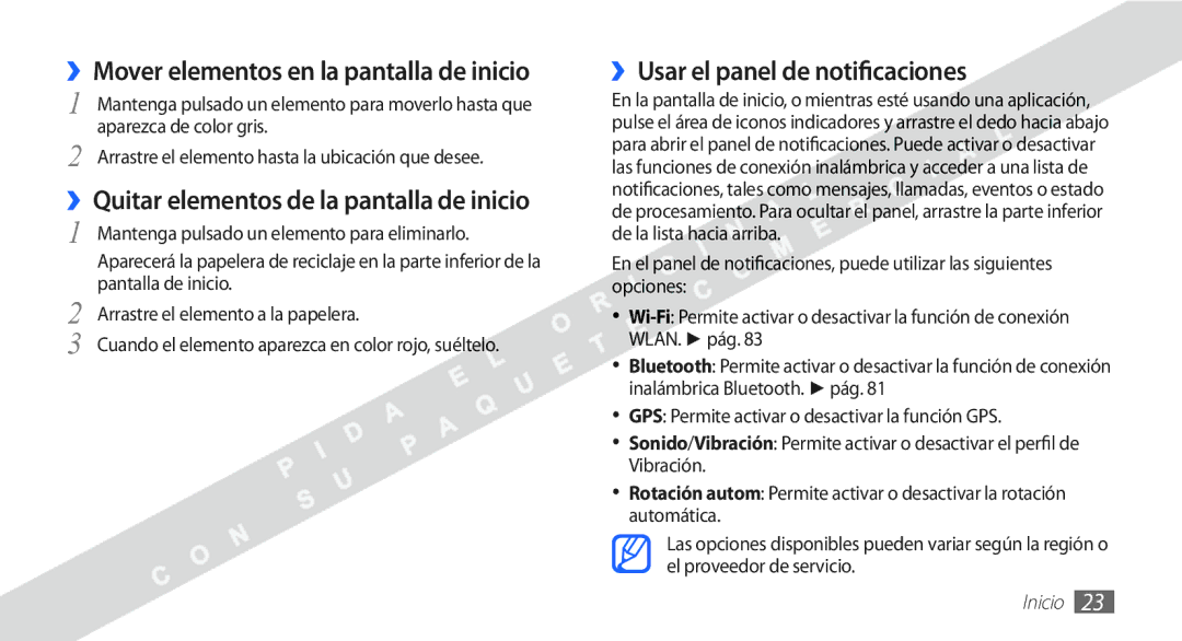 Samsung YP-G1CW/XEE manual ››Mover elementos en la pantalla de inicio, ››Quitar elementos de la pantalla de inicio 