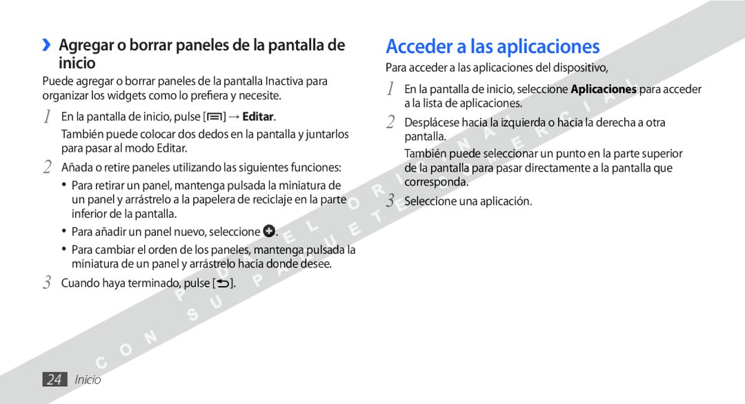 Samsung YP-G1CW/XEE manual Acceder a las aplicaciones, ››Agregar o borrar paneles de la pantalla de inicio 