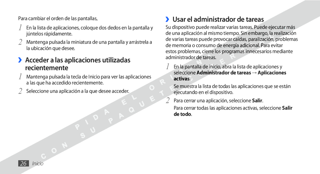 Samsung YP-G1CW/XEE manual ››Acceder a las aplicaciones utilizadas recientemente, ››Usar el administrador de tareas 