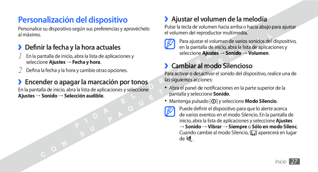 Samsung YP-G1CW/XEE Personalización del dispositivo, ››Definir la fecha y la hora actuales, ››Cambiar al modo Silencioso 