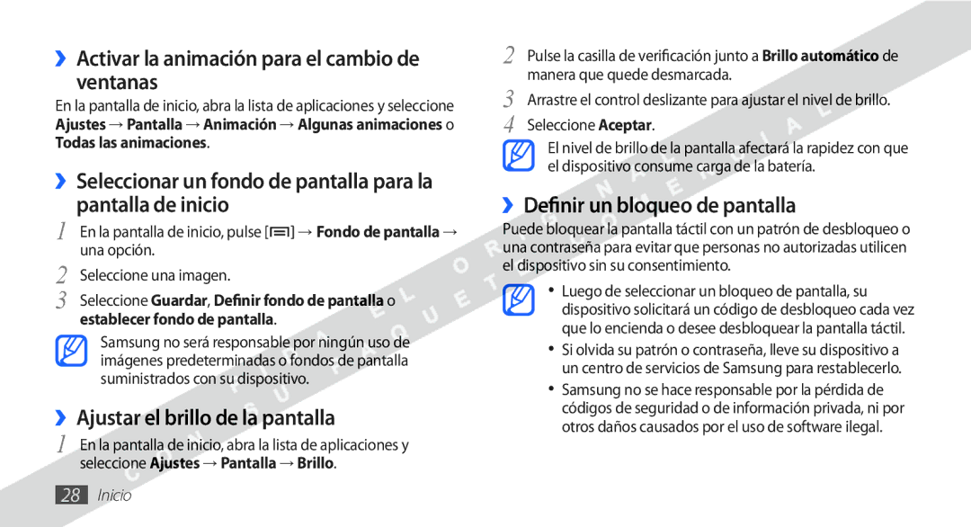 Samsung YP-G1CW/XEE manual ››Activar la animación para el cambio de ventanas, ››Ajustar el brillo de la pantalla 