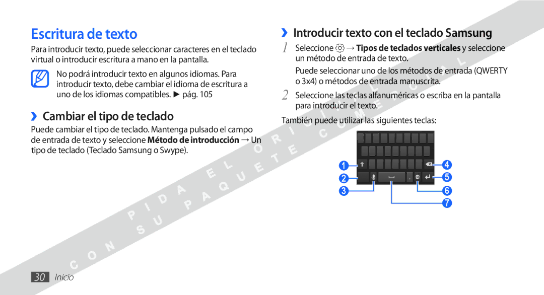 Samsung YP-G1CW/XEE manual Escritura de texto, ››Cambiar el tipo de teclado, ››Introducir texto con el teclado Samsung 