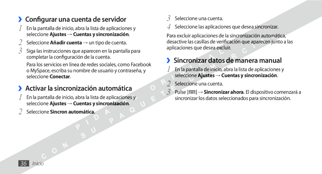 Samsung YP-G1CW/XEE manual ››Configurar una cuenta de servidor, ››Activar la sincronización automática 