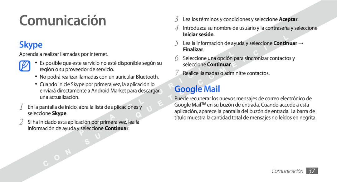 Samsung YP-G1CW/XEE manual Comunicación, Skype, Google Mail, Aprenda a realizar llamadas por internet 