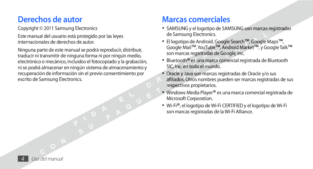 Samsung YP-G1CW/XEE manual Derechos de autor, Marcas comerciales, Copyright 2011 Samsung Electronics 