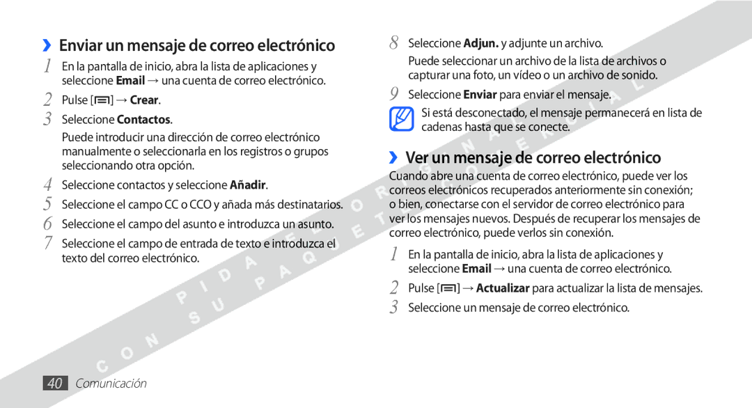 Samsung YP-G1CW/XEE manual ››Ver un mensaje de correo electrónico, Pulse → Crear Seleccione Contactos 