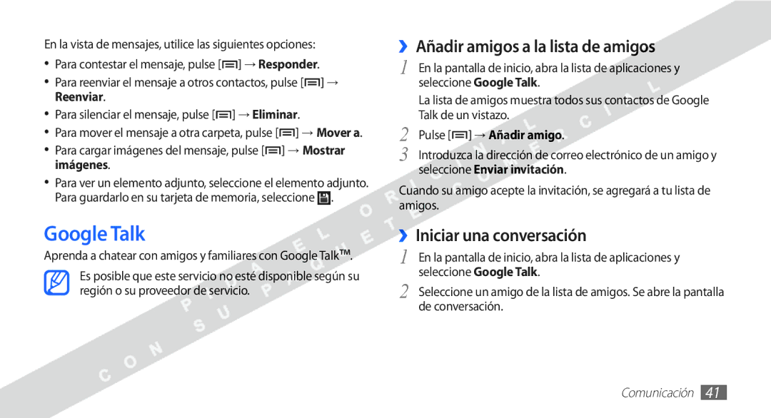 Samsung YP-G1CW/XEE Google Talk, ››Añadir amigos a la lista de amigos, ››Iniciar una conversación, Pulse → Añadir amigo 