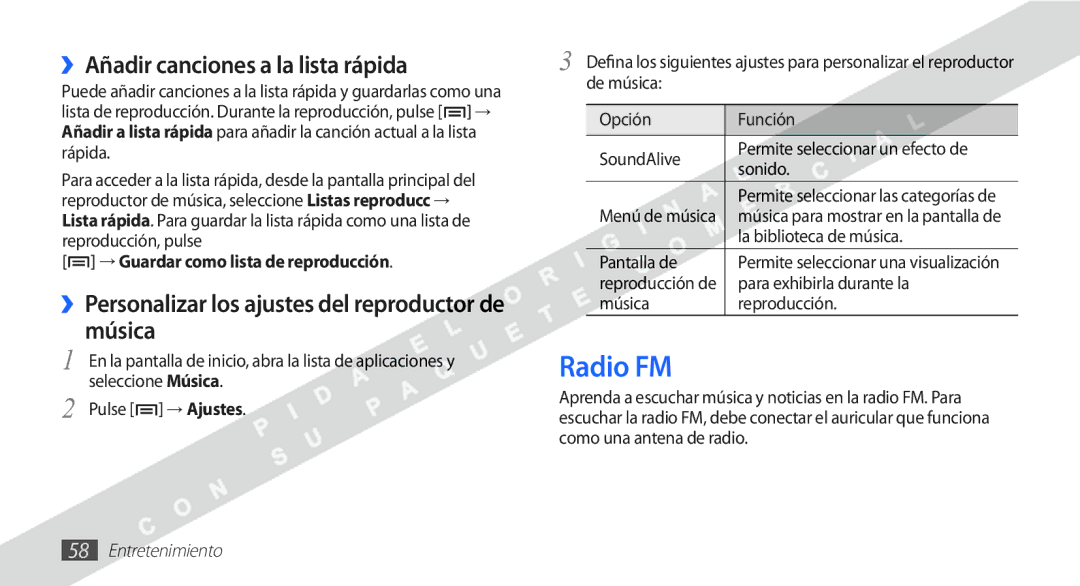 Samsung YP-G1CW/XEE Radio FM, ››Añadir canciones a la lista rápida, ››Personalizar los ajustes del reproductor de música 