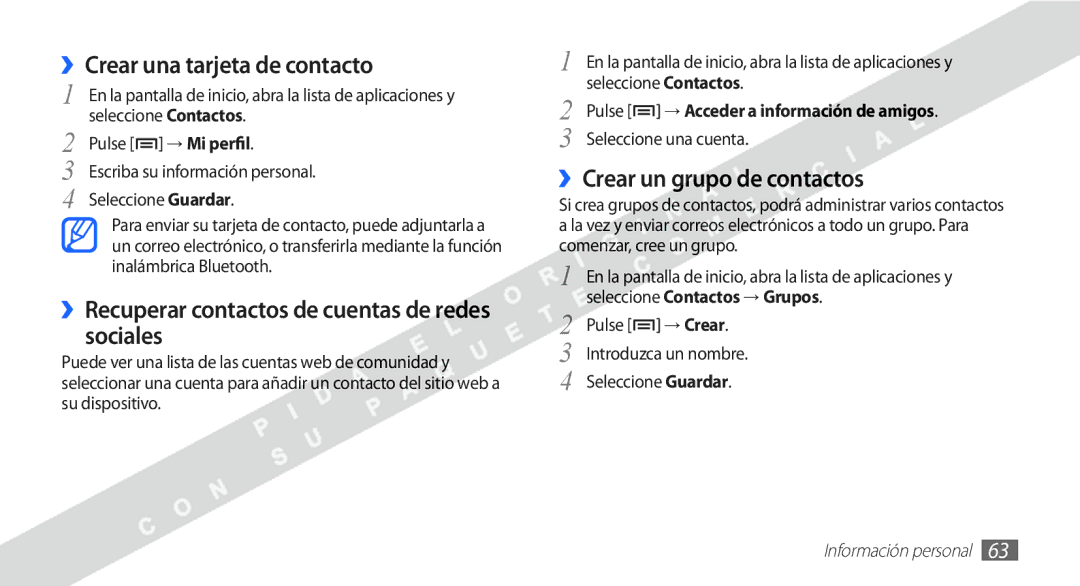 Samsung YP-G1CW/XEE manual ››Crear una tarjeta de contacto, ››Recuperar contactos de cuentas de redes sociales 