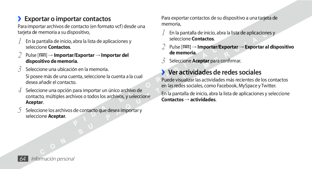 Samsung YP-G1CW/XEE manual ››Exportar o importar contactos, ››Ver actividades de redes sociales 