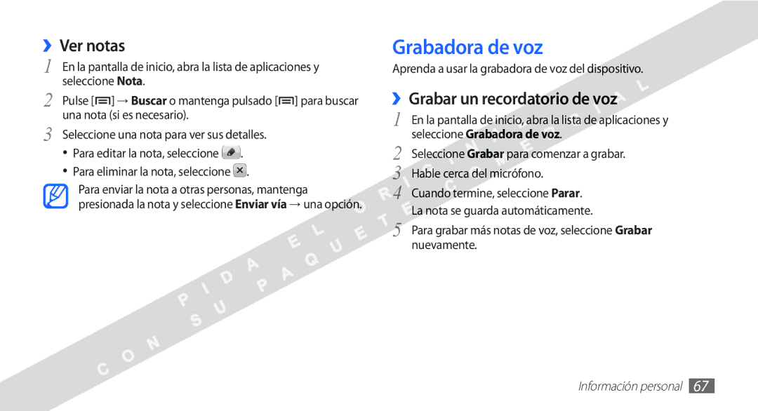 Samsung YP-G1CW/XEE manual Grabadora de voz, ››Ver notas, ››Grabar un recordatorio de voz 