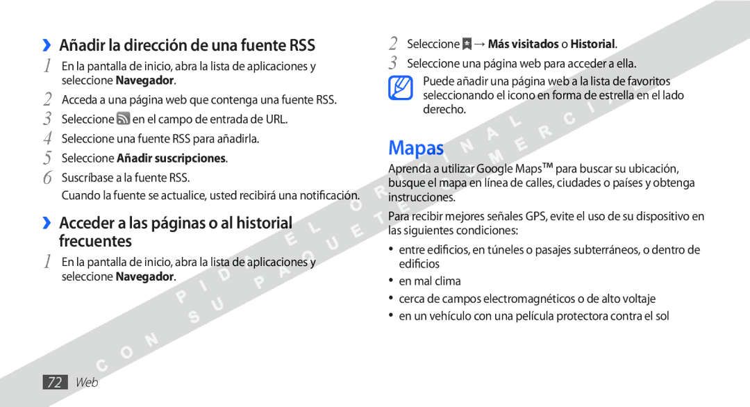 Samsung YP-G1CW/XEE Mapas, ››Añadir la dirección de una fuente RSS, ››Acceder a las páginas o al historial frecuentes 