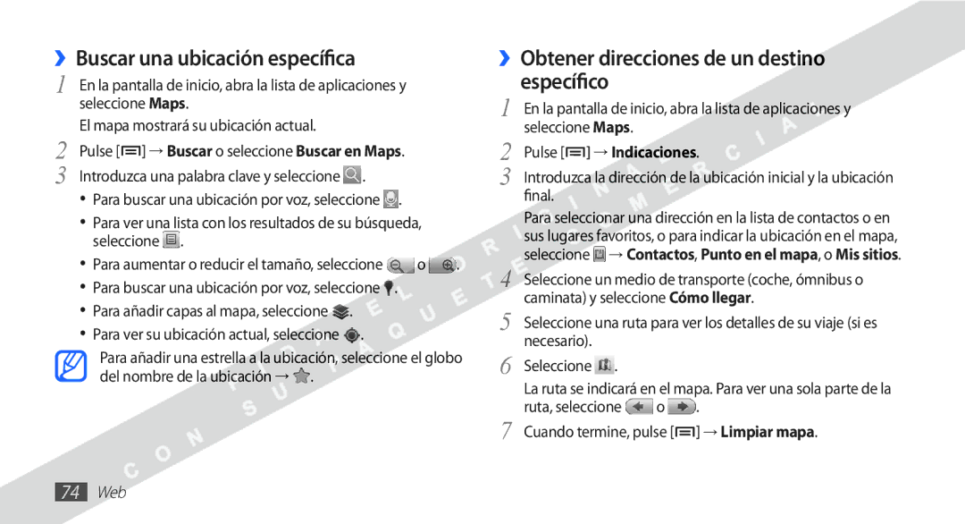 Samsung YP-G1CW/XEE manual ››Buscar una ubicación específica, ››Obtener direcciones de un destino específico 