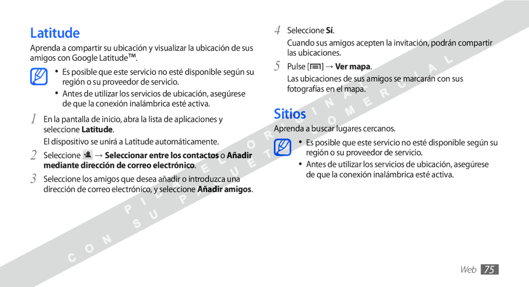 Samsung YP-G1CW/XEE manual Latitude, Sitios, Aprenda a buscar lugares cercanos 