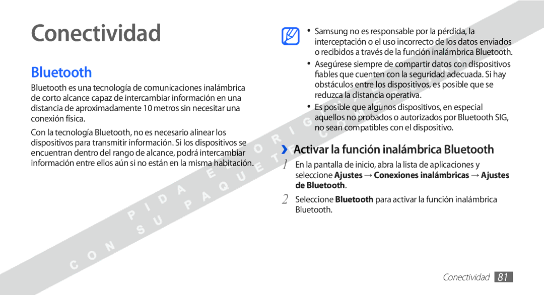 Samsung YP-G1CW/XEE manual Conectividad, ››Activar la función inalámbrica Bluetooth 