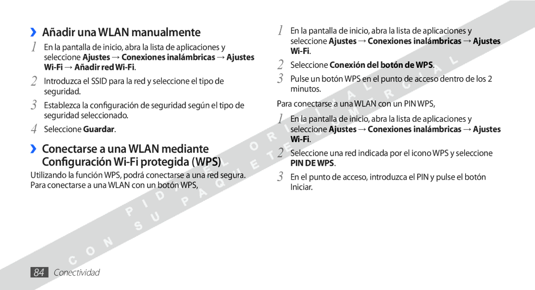 Samsung YP-G1CW/XEE ››Añadir una Wlan manualmente, Seleccione Conexión del botón de WPS, Wi-Fi 