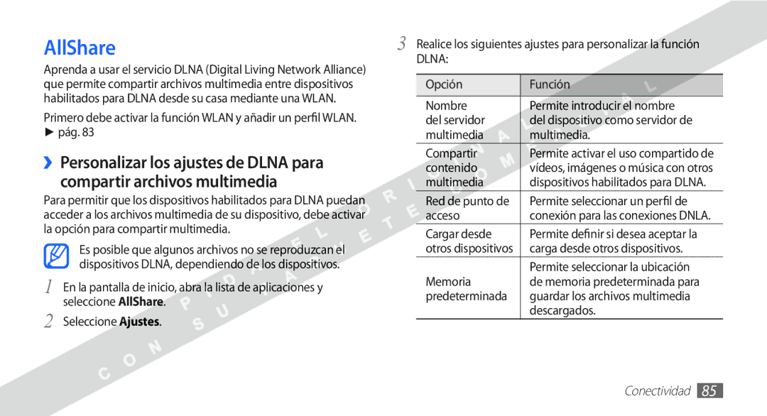 Samsung YP-G1CW/XEE manual AllShare, ››Personalizar los ajustes de Dlna para, Compartir archivos multimedia 