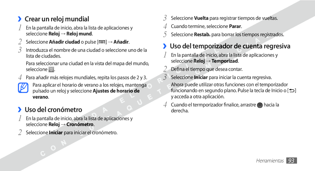 Samsung YP-G1CW/XEE manual ››Crear un reloj mundial, ››Uso del cronómetro, ››Uso del temporizador de cuenta regresiva 