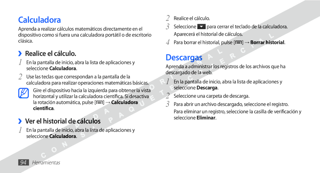 Samsung YP-G1CW/XEE manual Calculadora, Descargas, ››Realice el cálculo, ››Ver el historial de cálculos 