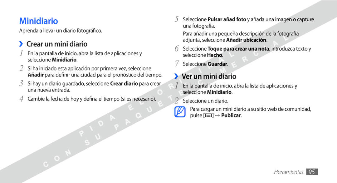 Samsung YP-G1CW/XEE manual Minidiario, ››Crear un mini diario, ››Ver un mini diario, Aprenda a llevar un diario fotográfico 