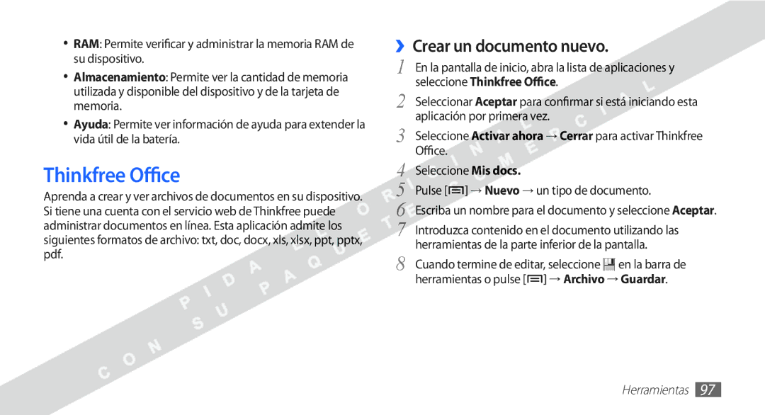 Samsung YP-G1CW/XEE Thinkfree Office, Crear un documento nuevo, Seleccione Mis docs Pulse → Nuevo → un tipo de documento 