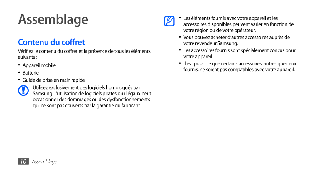 Samsung YP-G1CW/XEF, YP-G1EW/XEF manual Assemblage, Contenu du coffret 